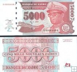 *5000 Noveaux Zaires Zair 1995, P68 UNC, nízke sériové číslo