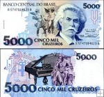 5000 Cruzeiros Brazília 1990-93, P232 UNC