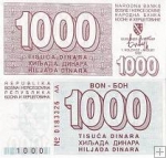 *1000 Dinárov Bosna Hercegovina 1992, P26 UNC