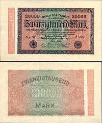 *20 000 nemeckých mariek Nemecko 1923 P95 UNC, Reichsbanknote - Kliknutím na obrázok zatvorte -